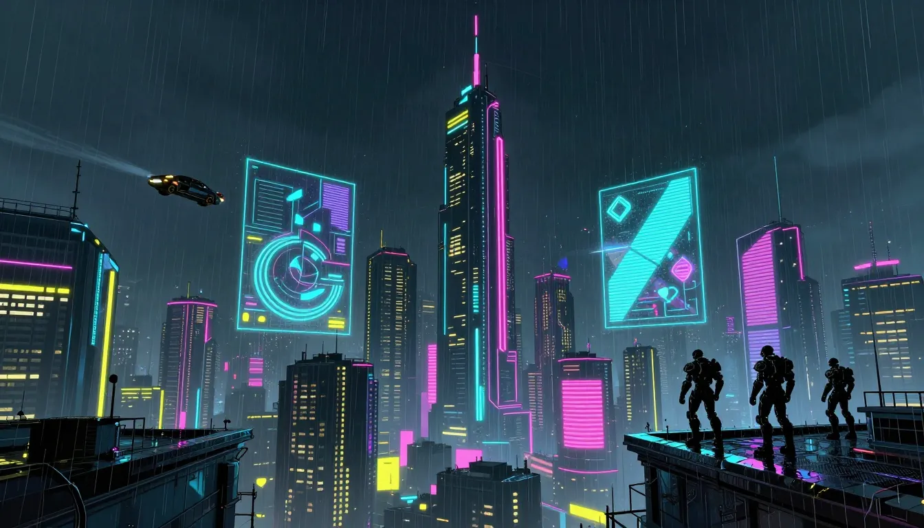 CLONE PROTOCOL 키 아트 — 비 내리는 2099년 서울의 네온 스카이라인